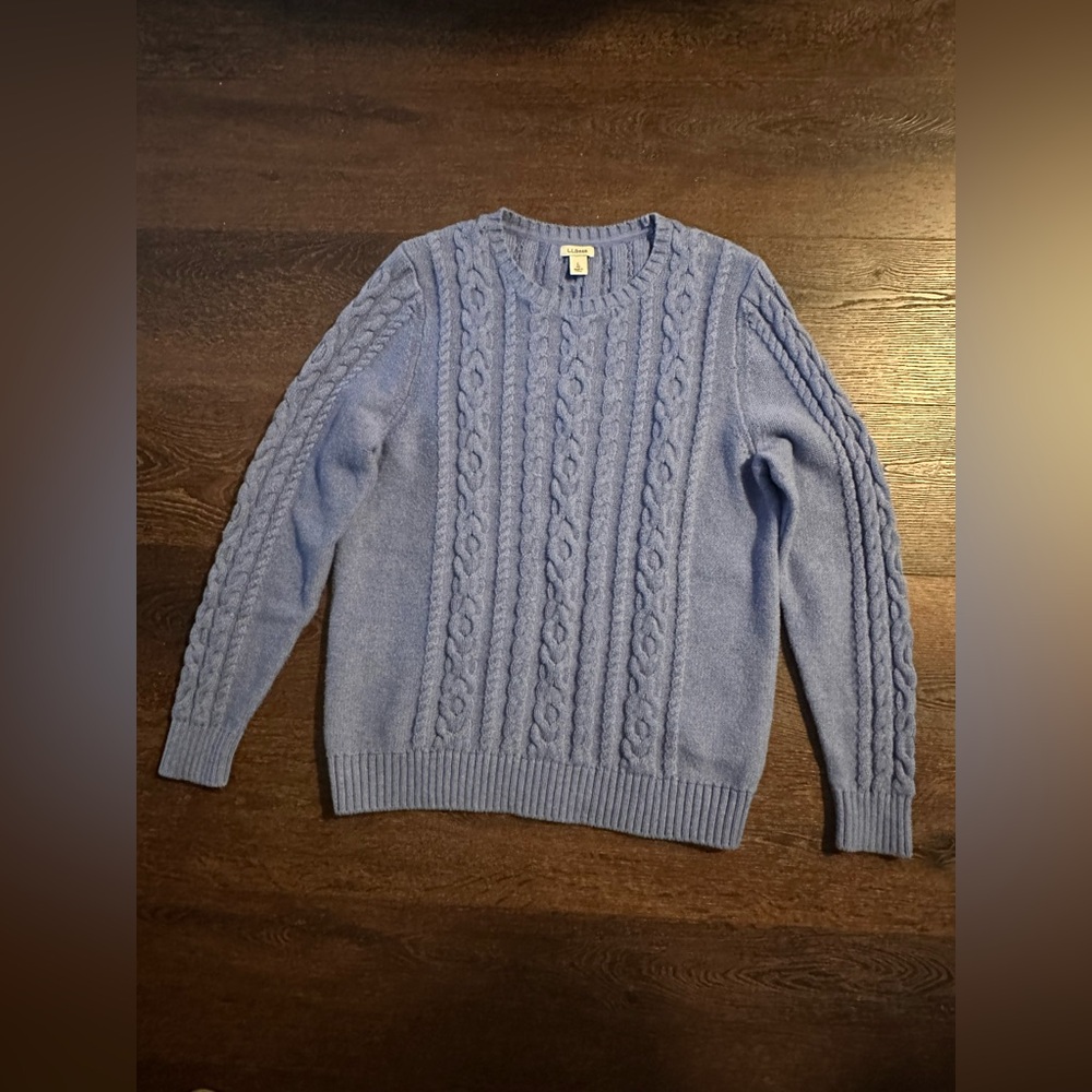 L. L. Bean Womens Blue Cable Knit Fisherman Crewneck Pullover Sweater Size L